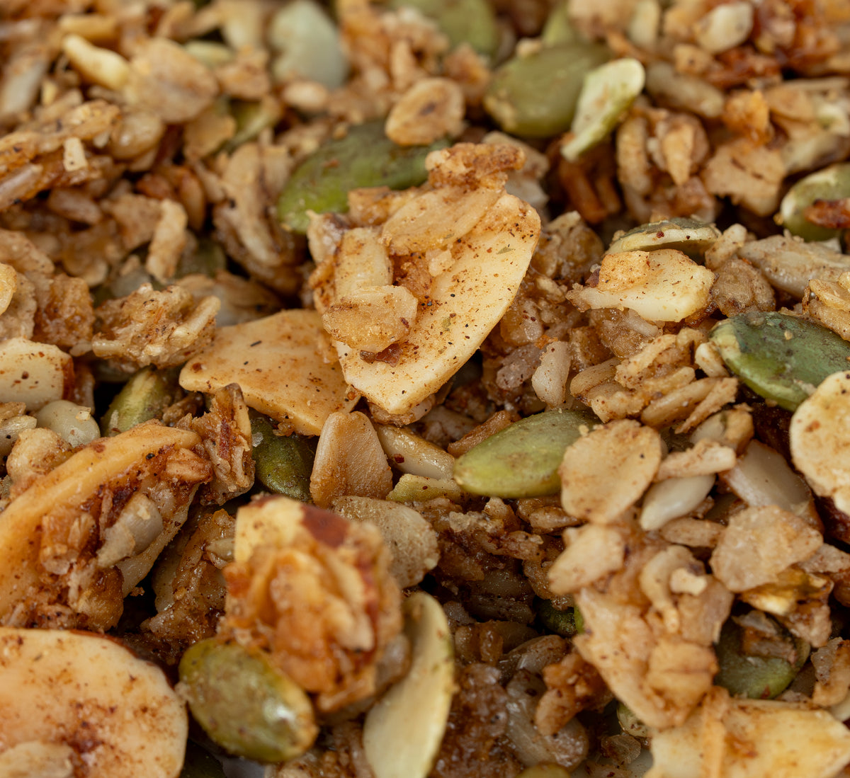 Close-up of Chai Spiced granola made with nuts and seeds