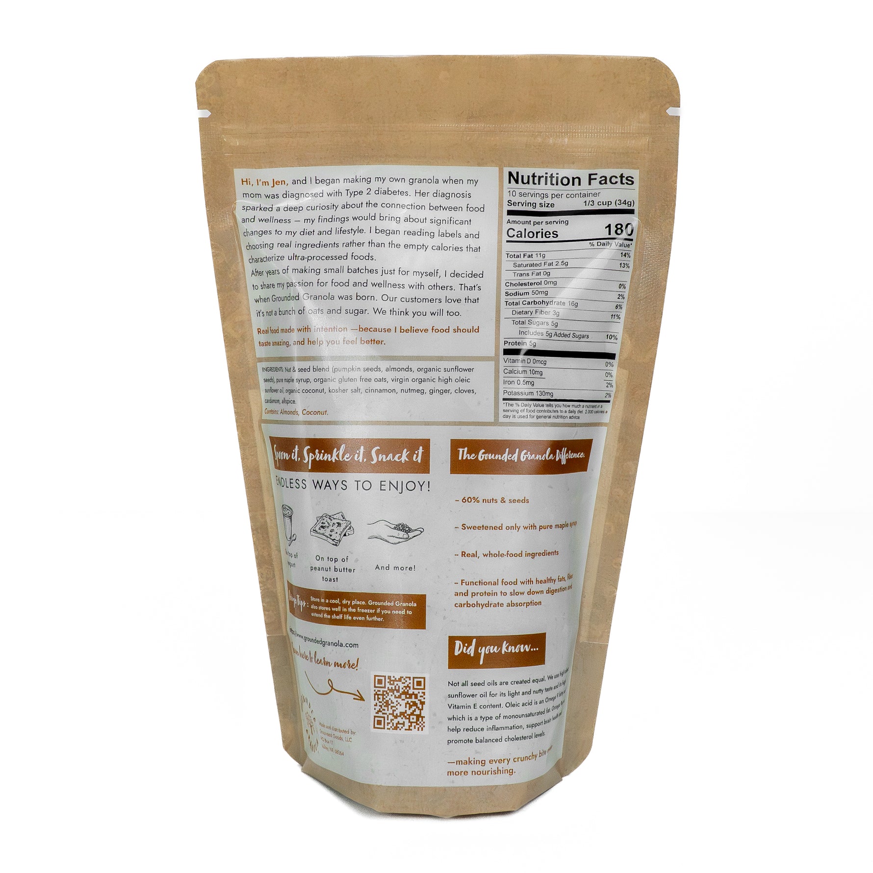 Back of Grounded Granola Chai Spiced package with ingredients and nutrition information