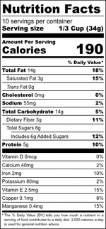 Nutrition facts label for Chai Spiced granola