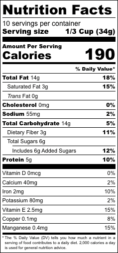 Nutrition facts label for Maple Cinnamon granola