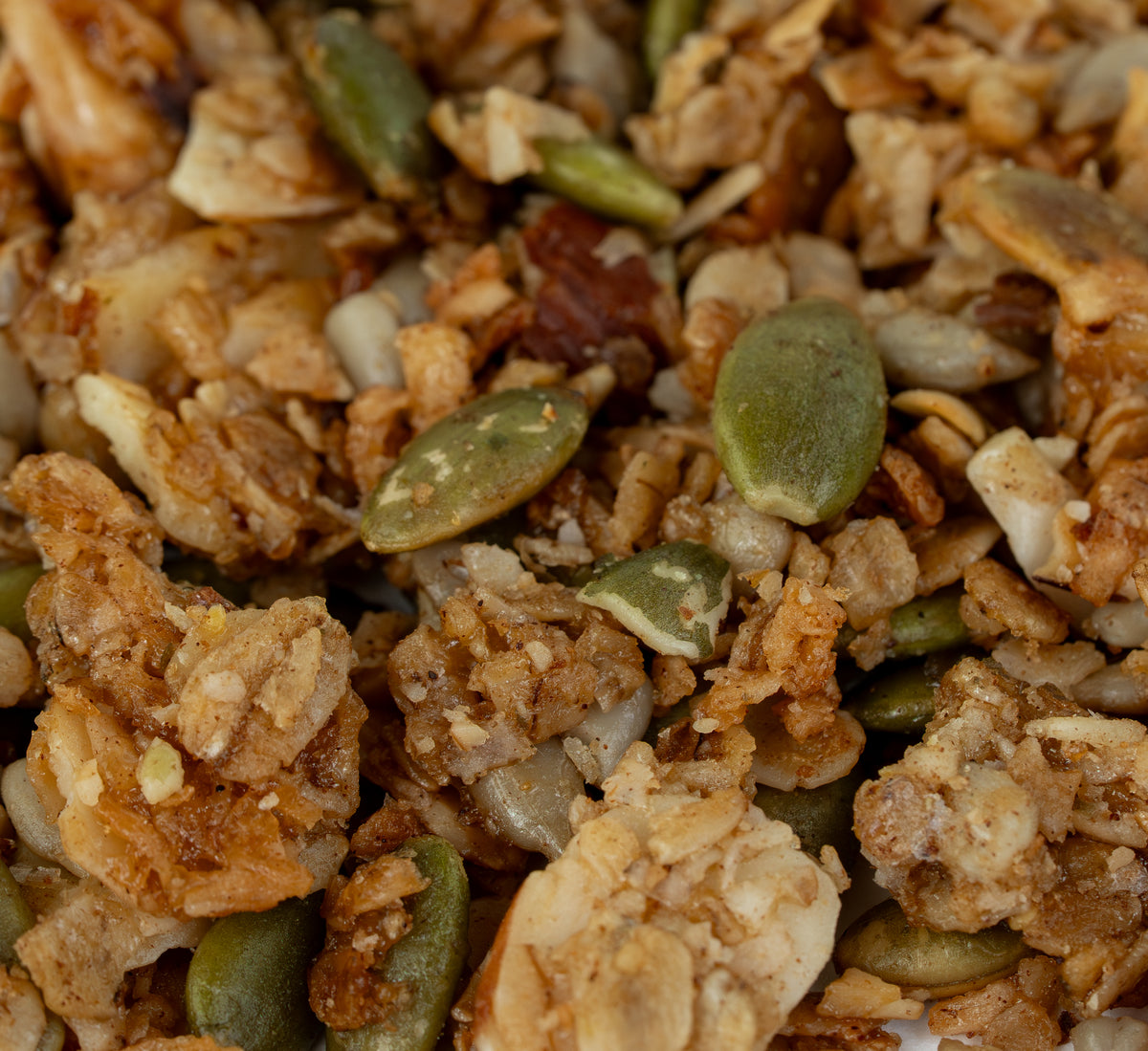 Close-up of Maple Cinnamon granola made with nuts and seeds