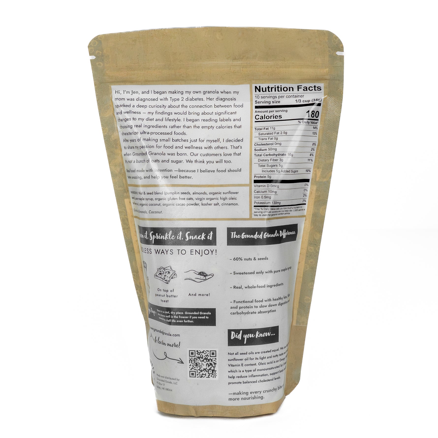 Back of Grounded Granola Maple Cinnamon package with ingredients and nutrition information