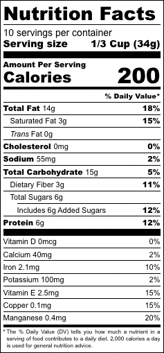 Nutrition facts label for Mexican Chocolate granola