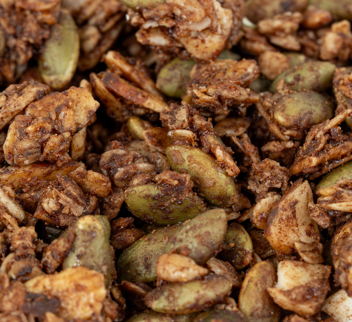 Close-up of Mexican Chocolate granola made with nuts and seeds