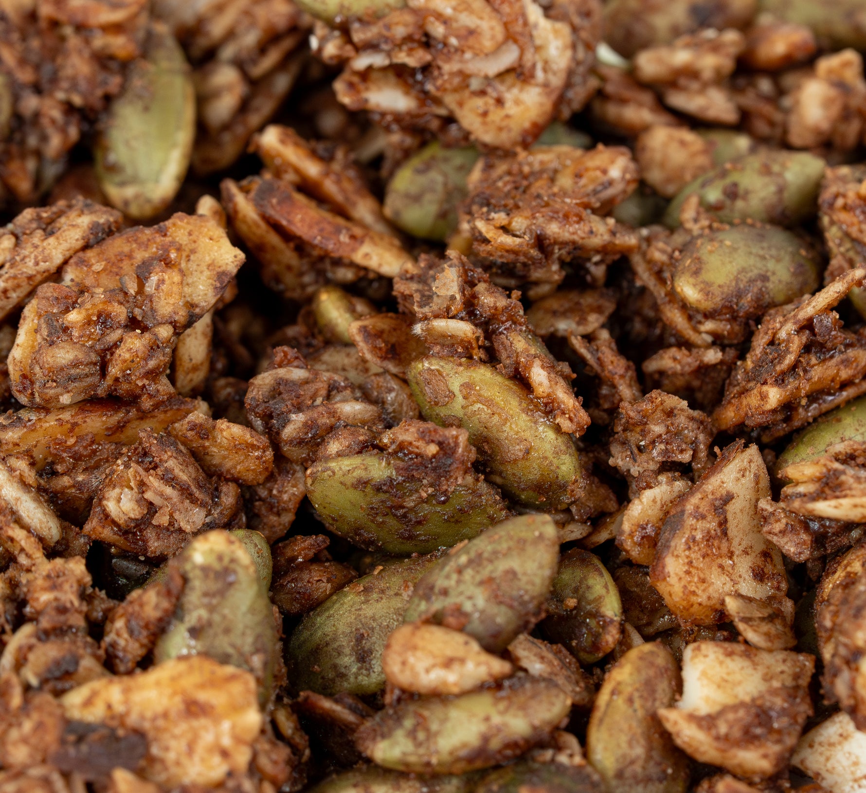 Close-up of Mexican Chocolate granola made with nuts and seeds