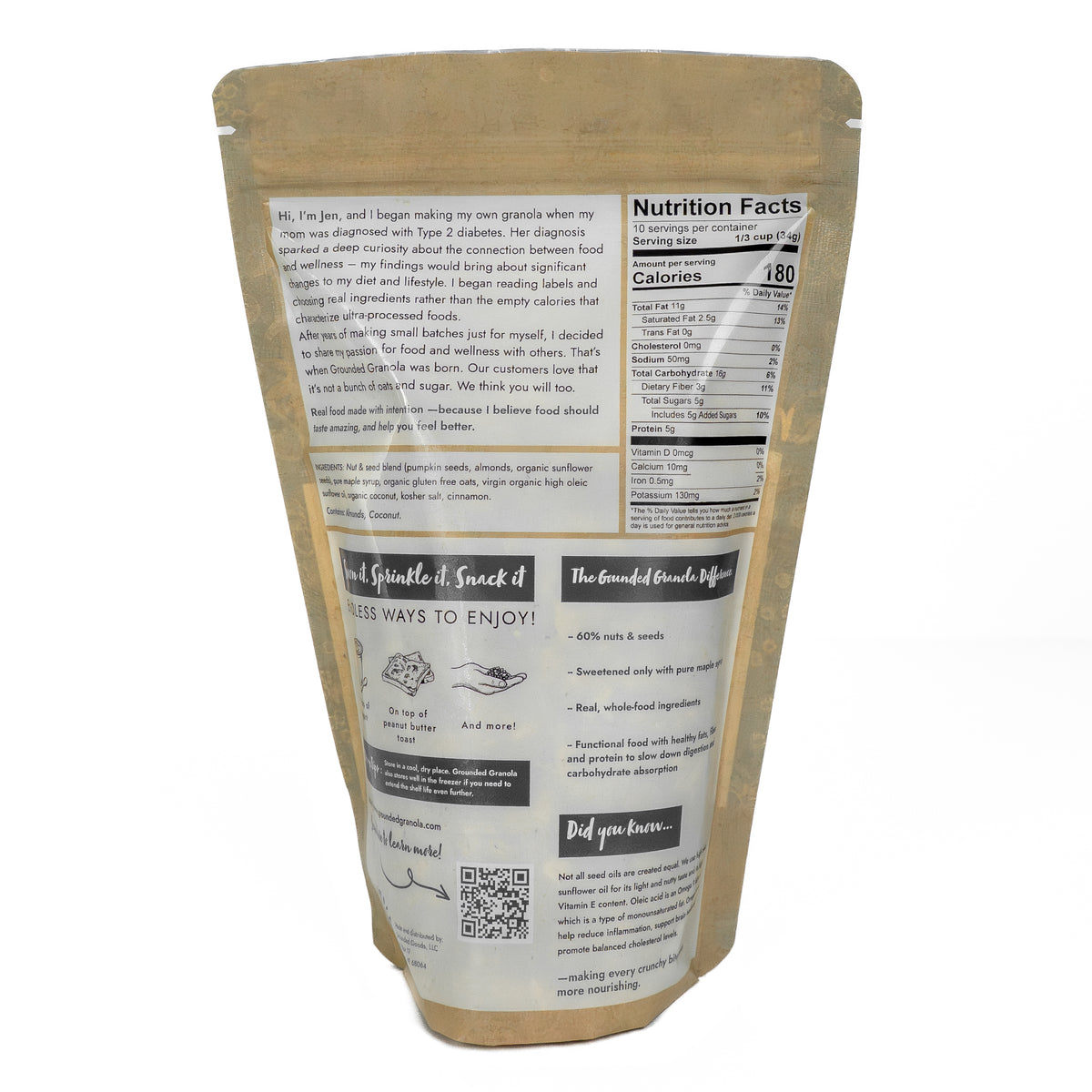 Back of Grounded Granola Mexican Chocolate package with ingredients and nutrition information