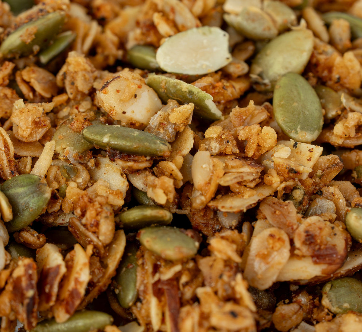 Close-up of Savory Bloody Mary granola made with nuts and seeds