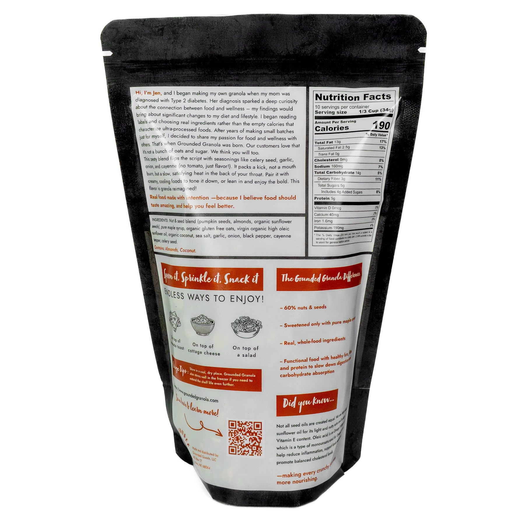 Back of Grounded Granola Savory Bloody Mary package with ingredients and nutrition facts